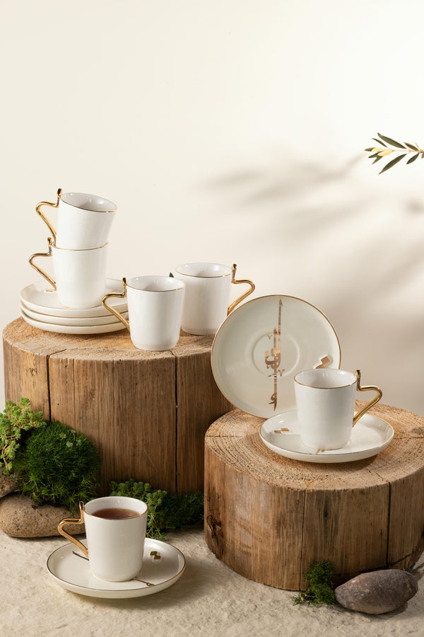 Porcelain Tea Set 12 Pcs From Liqaa -  Pearl White + Gold