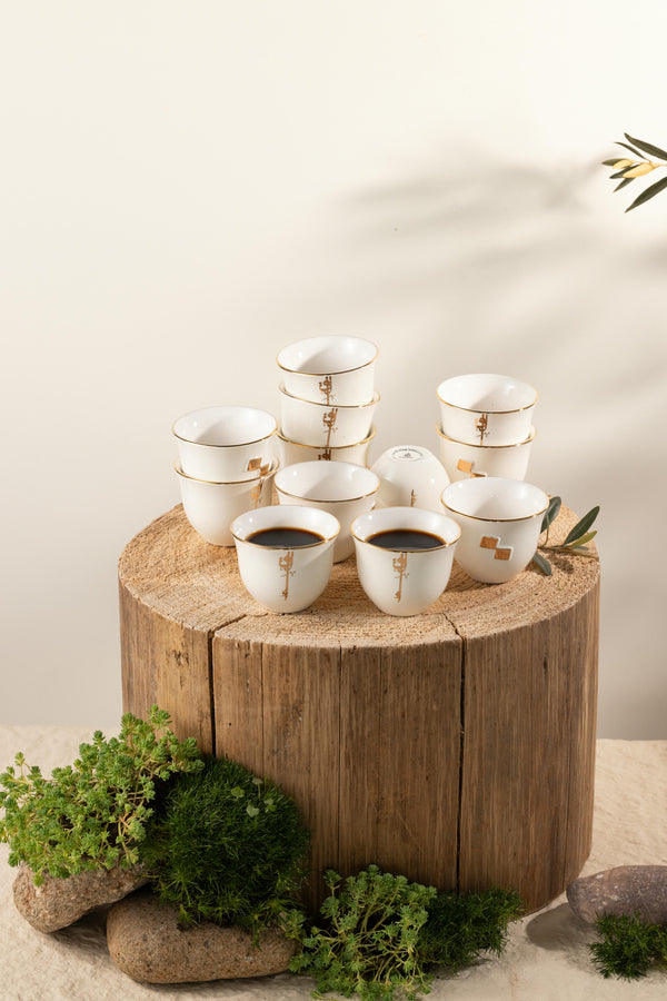 12 Pcs Arabic Coffee Cups From Liqaa -  Pearl White + Gold