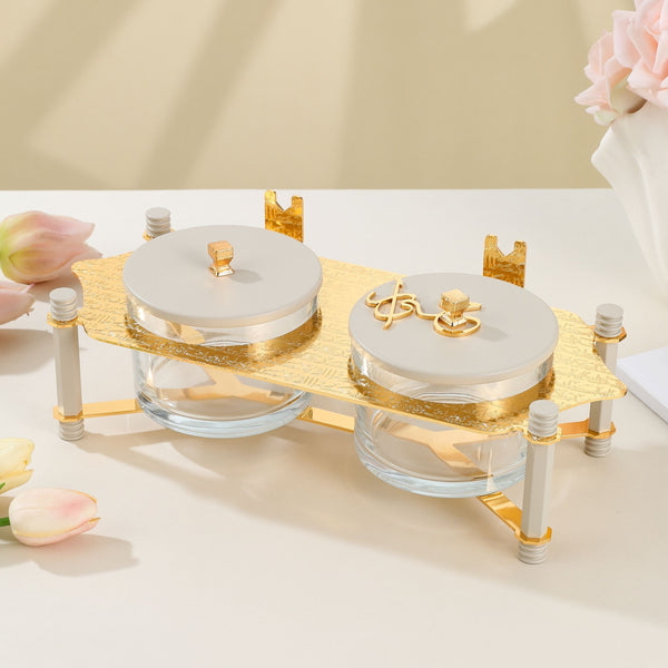 Nuts Serving Set 2 Bowl With Tray From Jiwar - Beige + Gold