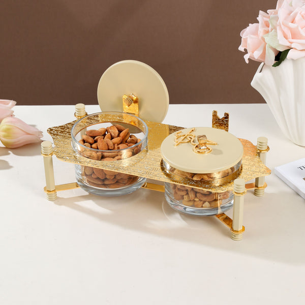 Nuts Serving Set 2 Bowl With Tray From Jiwar -  Ivory + Gold