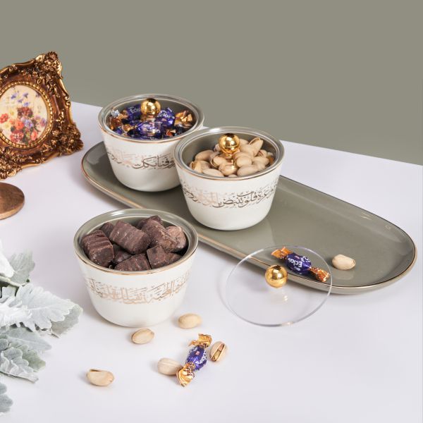 Sweet Bowls Set With Porcelain Tray 7 Pcs From Joud - Grey