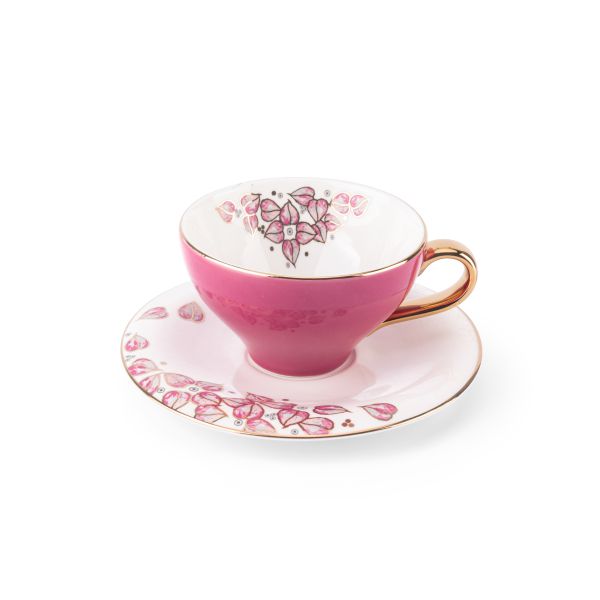 6cup 6saucer 200CC - white saucer pink cup+gold   