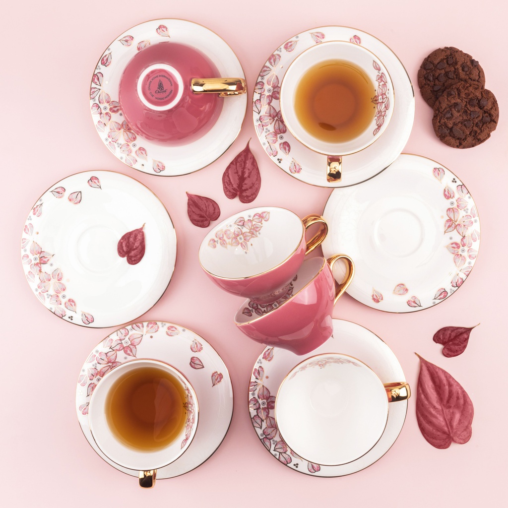 6cup 6saucer 200CC - white saucer pink cup+gold   