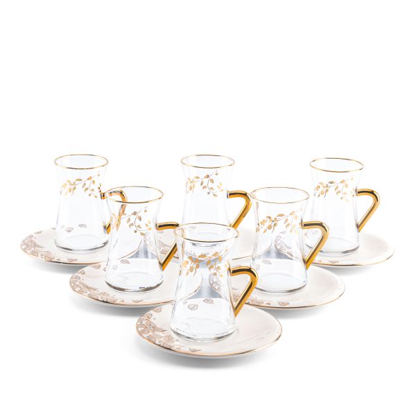 6 glass  6 saucer - snow white w gold   