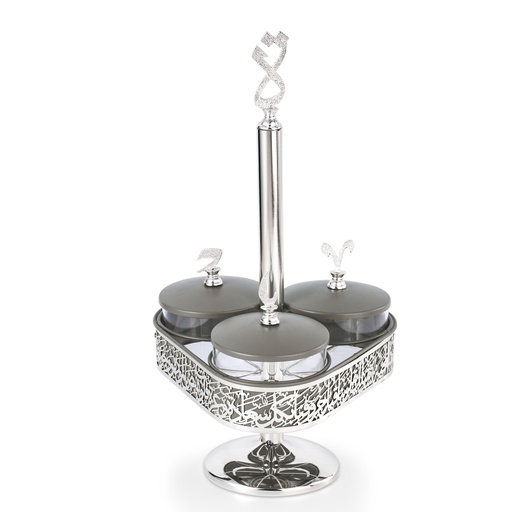 [JG1158] Stand For Serving Sweets 3 Bowls With Arabic Design From Joud - Grey